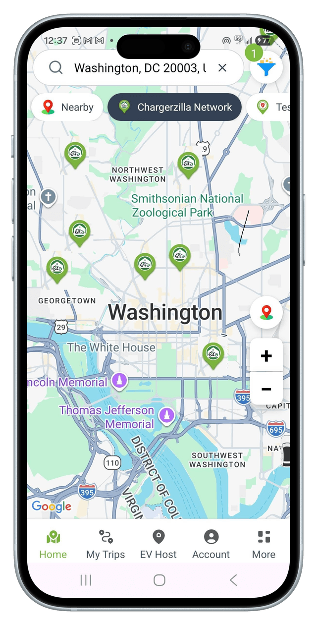 Chargerzilla charger map on a phone - Screen 2